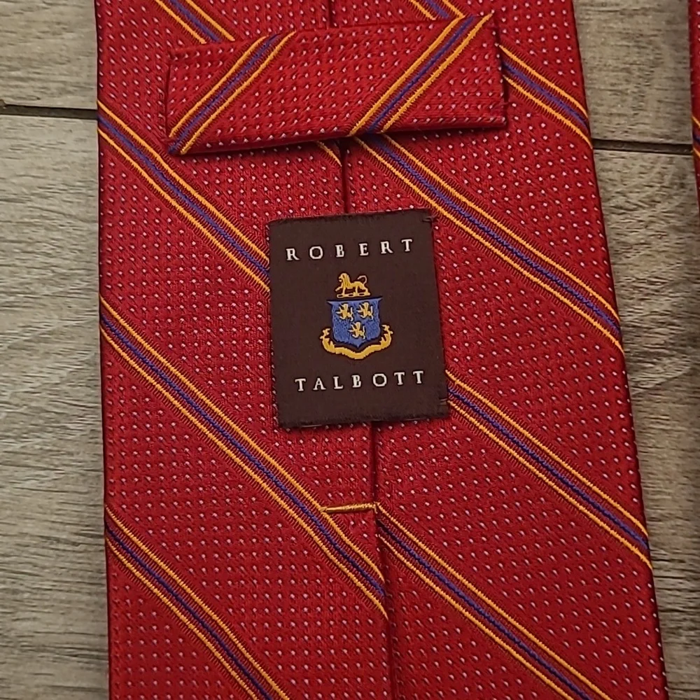 ROBERT TALBOTT Best of Class Metallic Red Blue‎ Gold Striped Dots Mens Silk Tie
